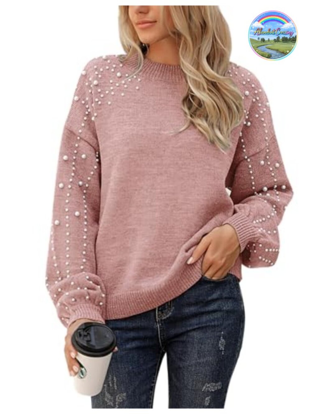 Oversized Chunky Knit Sweater Mock Neck Pearl Trim Pullover